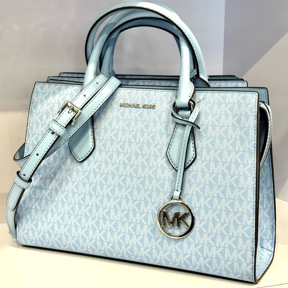Michael Kors Sheila Medium Signature Logo Satchel Bag Light Sky Blue - Picture 2 of 11